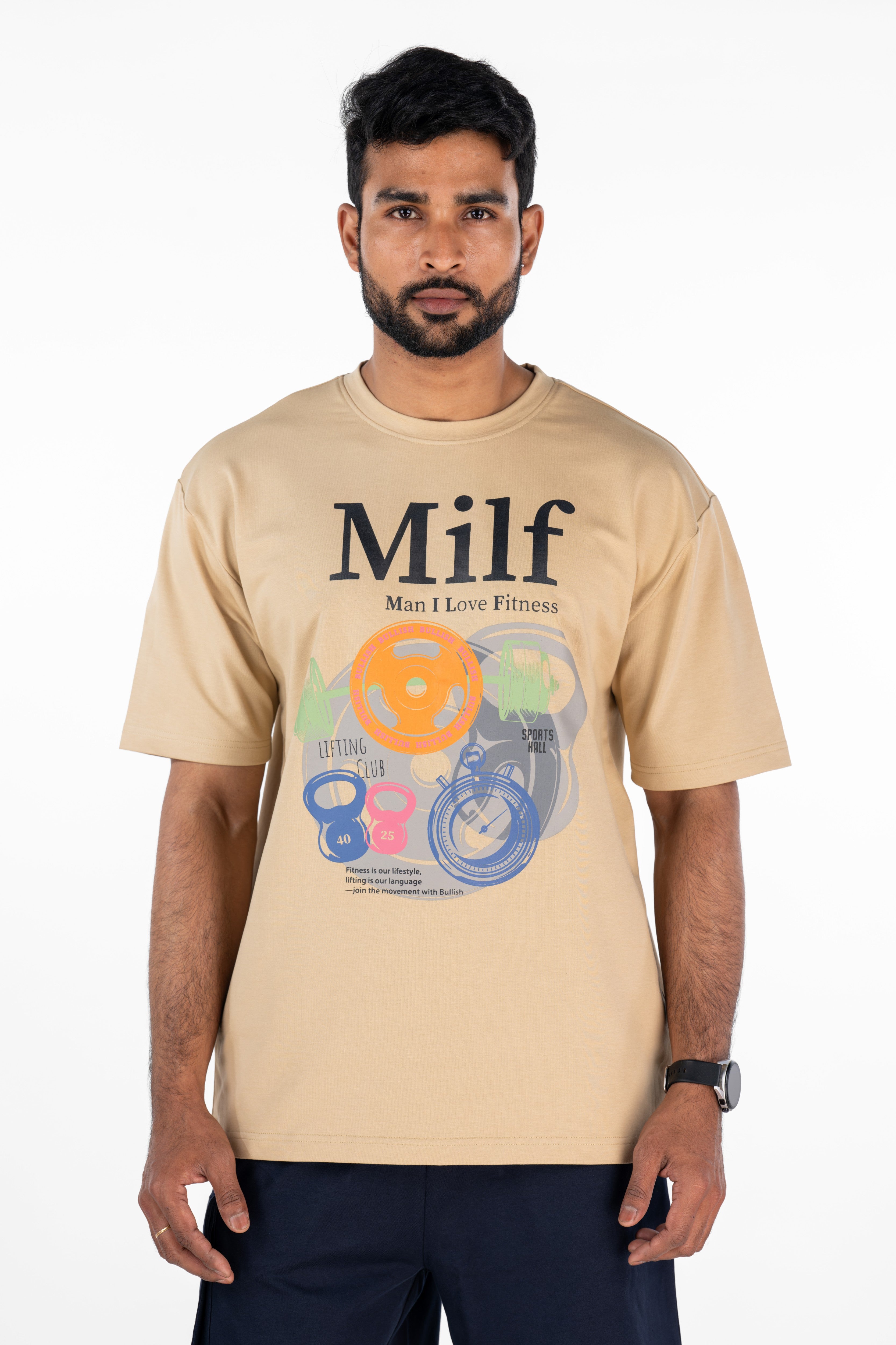 Bullish MILF Pump Cover in Beige — oversized athletic pump cover for gym wear