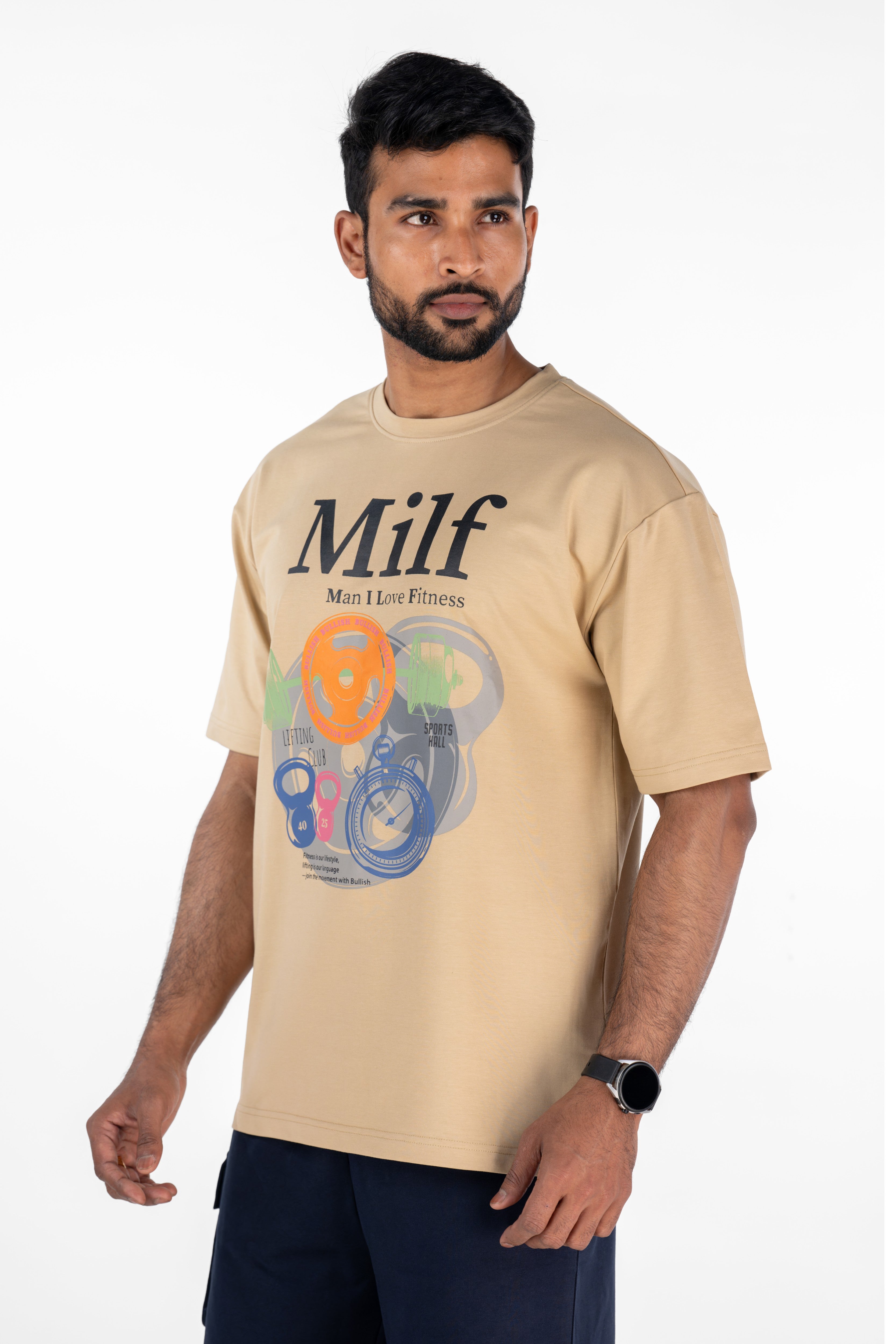 Bullish MILF Pump Cover in Beige — oversized athletic pump cover for gym wear