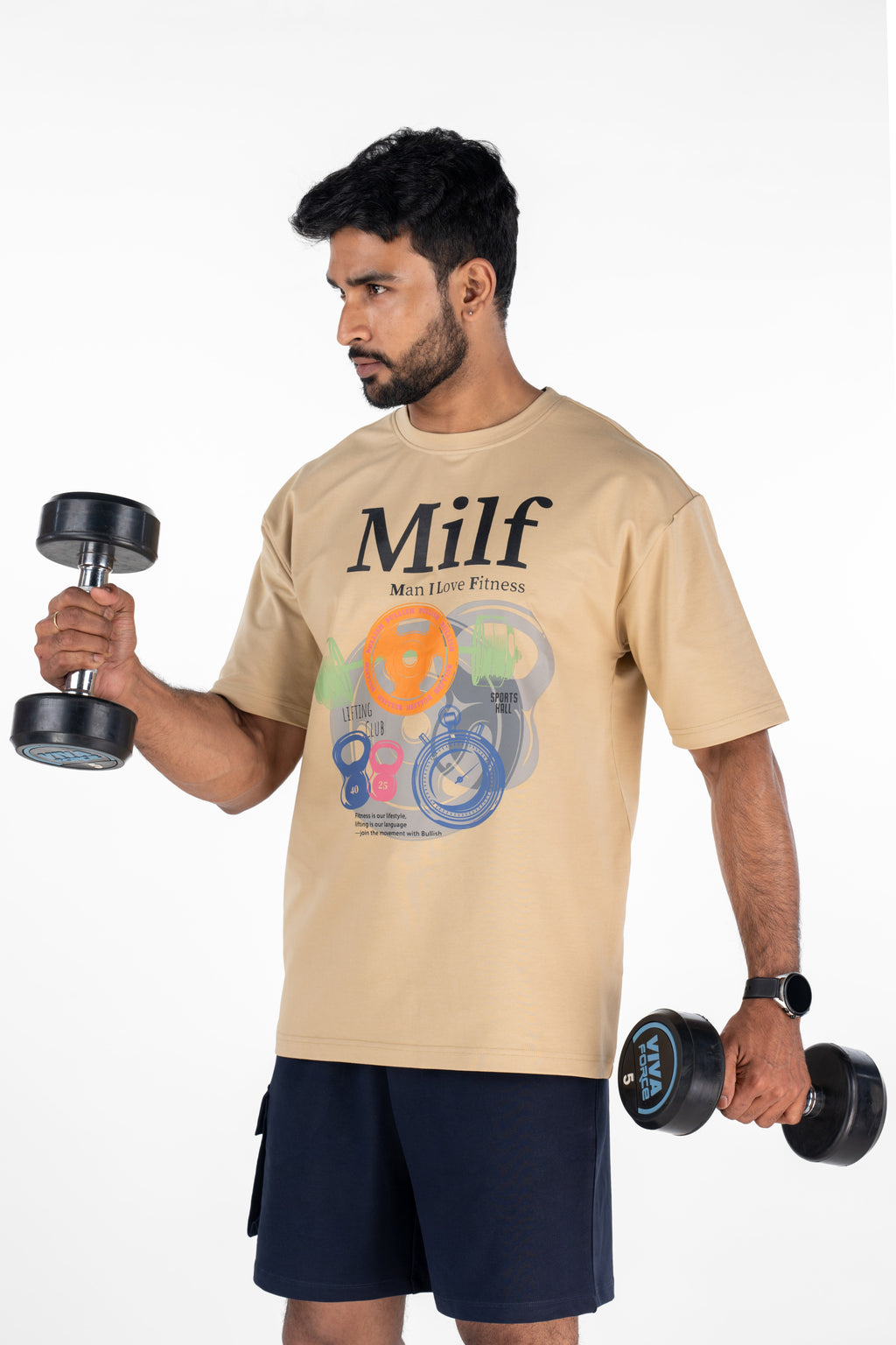 Bullish MILF Pump Cover in Beige — oversized athletic pump cover for gym wear